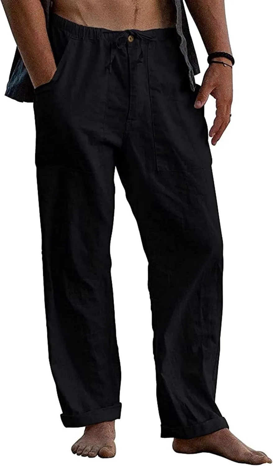 evzosrz Mens Linen Pants Casual Loose Fit Yoga Beach Elastic Waist Drawstring Baggy 2024 Trousers Solid Slacks with Pockets