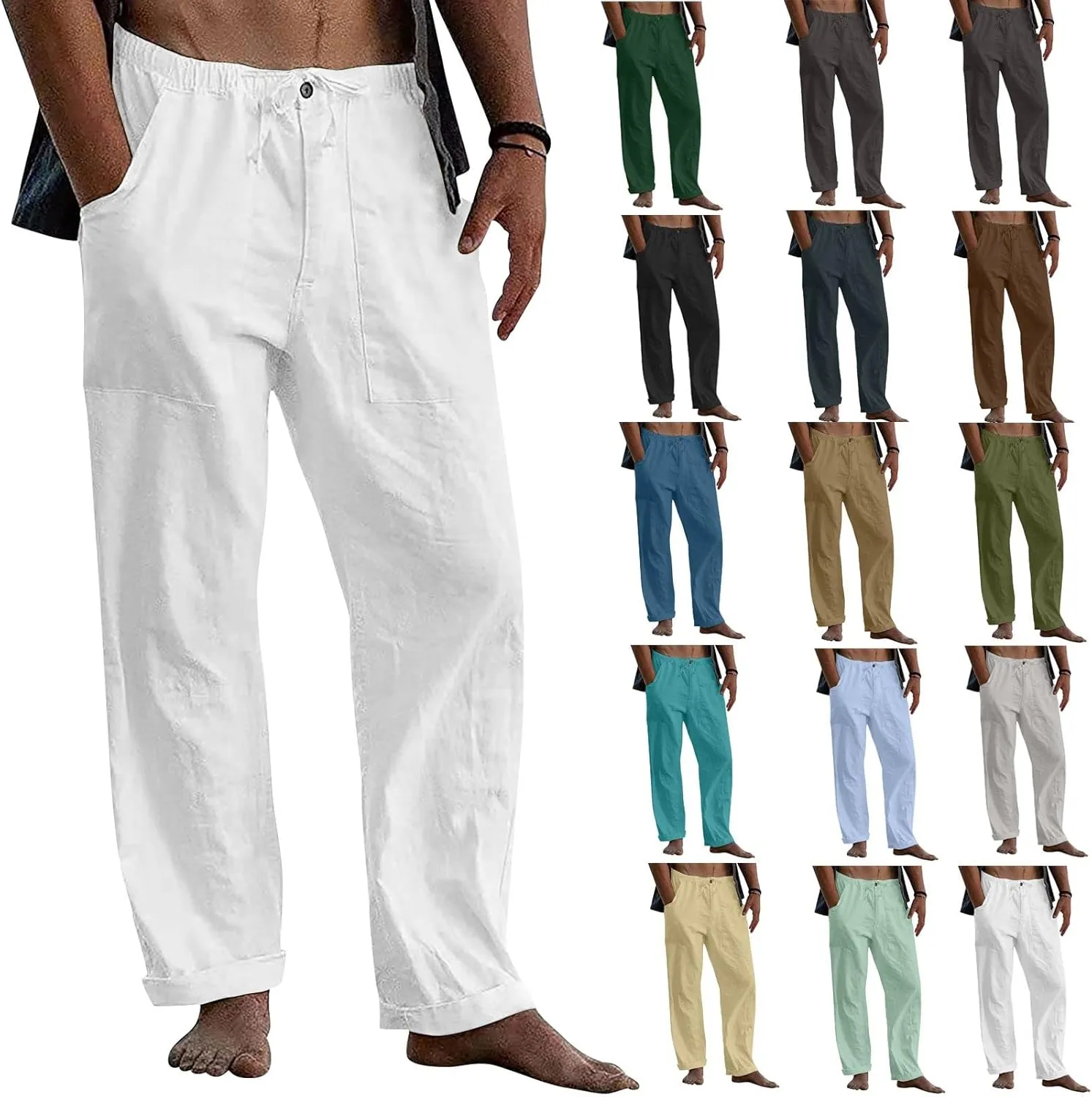 evzosrz Mens Linen Pants Casual Loose Fit Yoga Beach Elastic Waist Drawstring Baggy 2024 Trousers Solid Slacks with Pockets