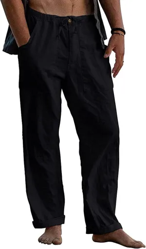evzosrz Mens Linen Pants Casual Loose Fit Yoga Beach Elastic Waist Drawstring Baggy 2024 Trousers Solid Slacks with Pockets