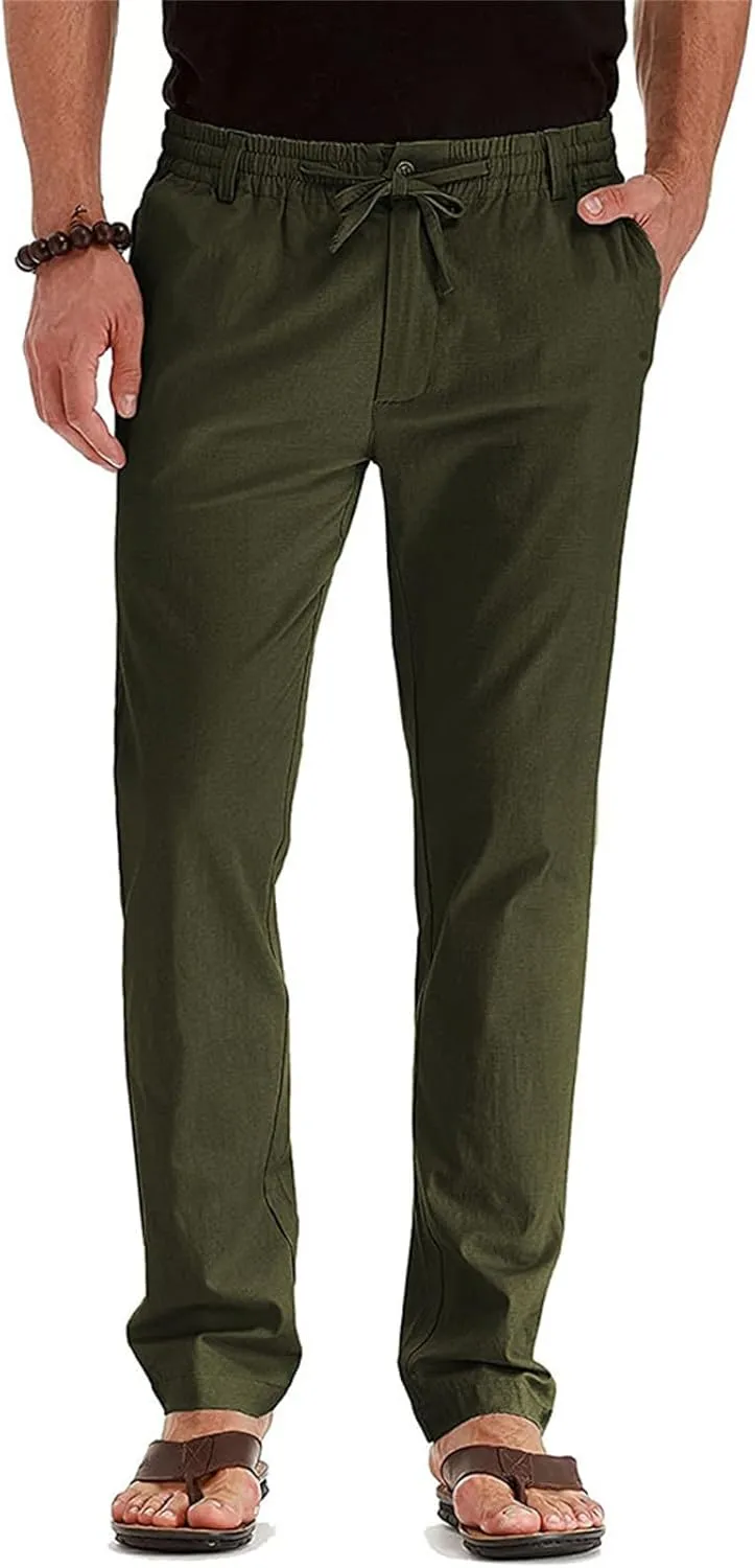 evzosrz Mens Pants Straight Drawstring Casual Business Dress Trousers Elastic Waist Beach Loose Fit Plus Size Flat Front Pant