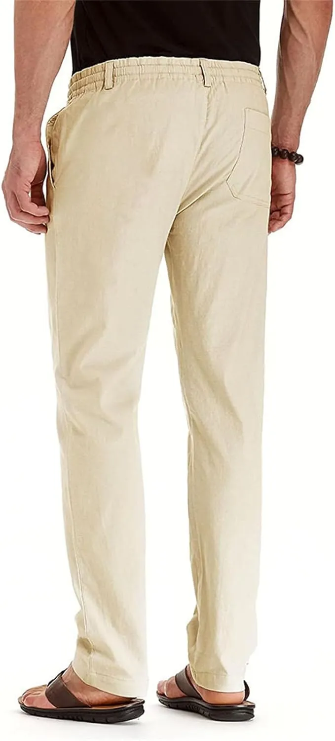 evzosrz Mens Pants Straight Drawstring Casual Business Dress Trousers Elastic Waist Beach Loose Fit Plus Size Flat Front Pant