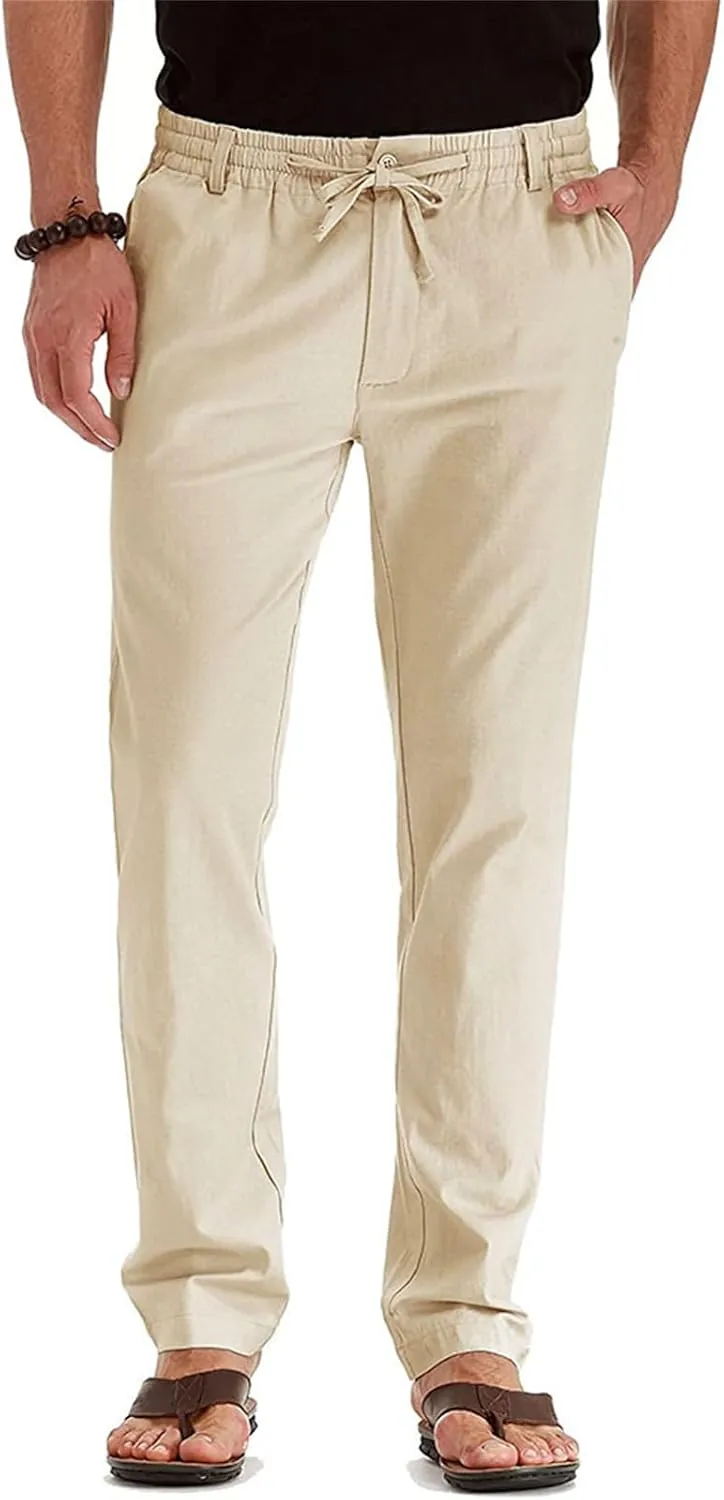 evzosrz Mens Pants Straight Drawstring Casual Business Dress Trousers Elastic Waist Beach Loose Fit Plus Size Flat Front Pant