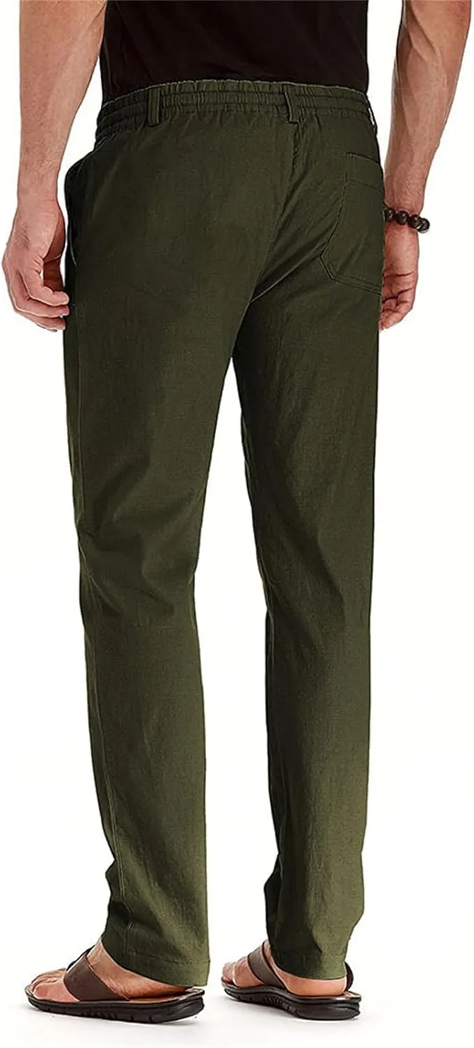 evzosrz Mens Pants Straight Drawstring Casual Business Dress Trousers Elastic Waist Beach Loose Fit Plus Size Flat Front Pant