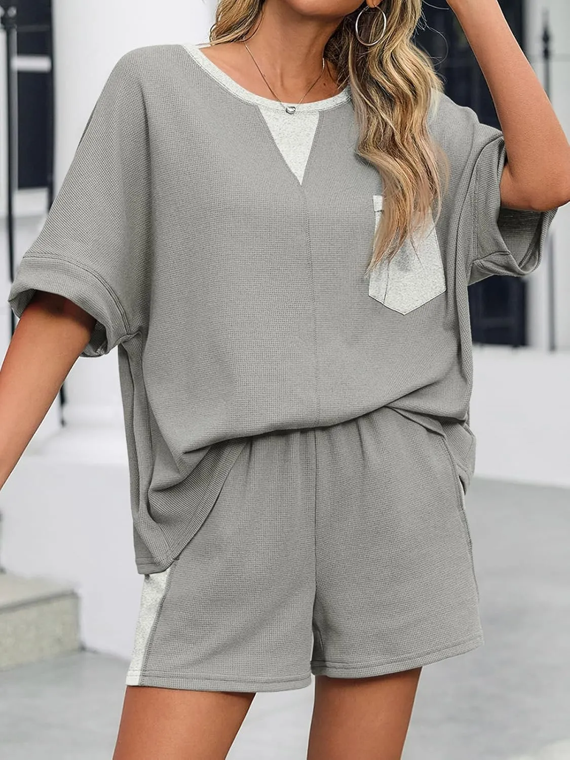 Fisoew Womens Summer Waffle Knit 2 Piece Outfits Oversized T Shirt Casual Shorts Loungwear Short Sets