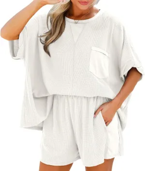 Fisoew Womens Summer Waffle Knit 2 Piece Outfits Oversized T Shirt Casual Shorts Loungwear Short Sets