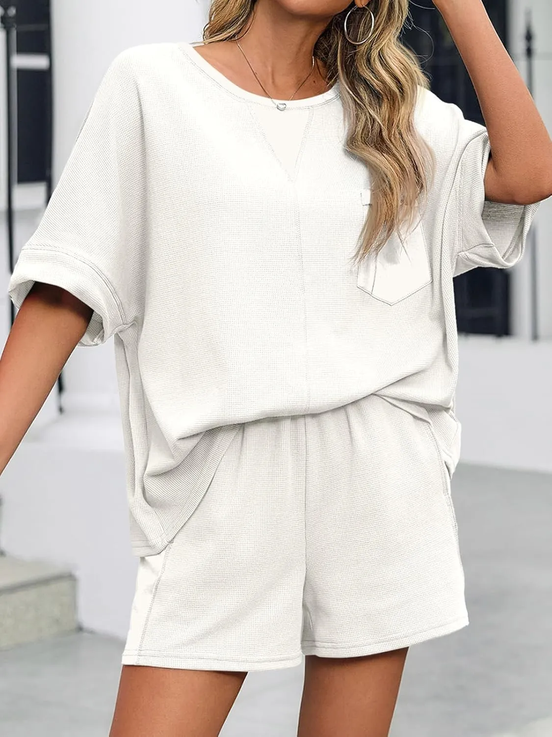 Fisoew Womens Summer Waffle Knit 2 Piece Outfits Oversized T Shirt Casual Shorts Loungwear Short Sets