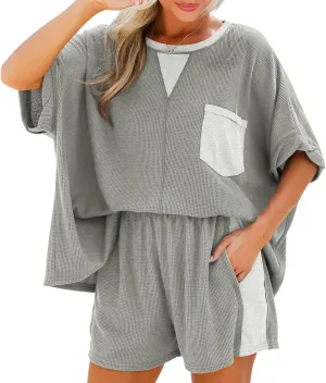 Fisoew Womens Summer Waffle Knit 2 Piece Outfits Oversized T Shirt Casual Shorts Loungwear Short Sets
