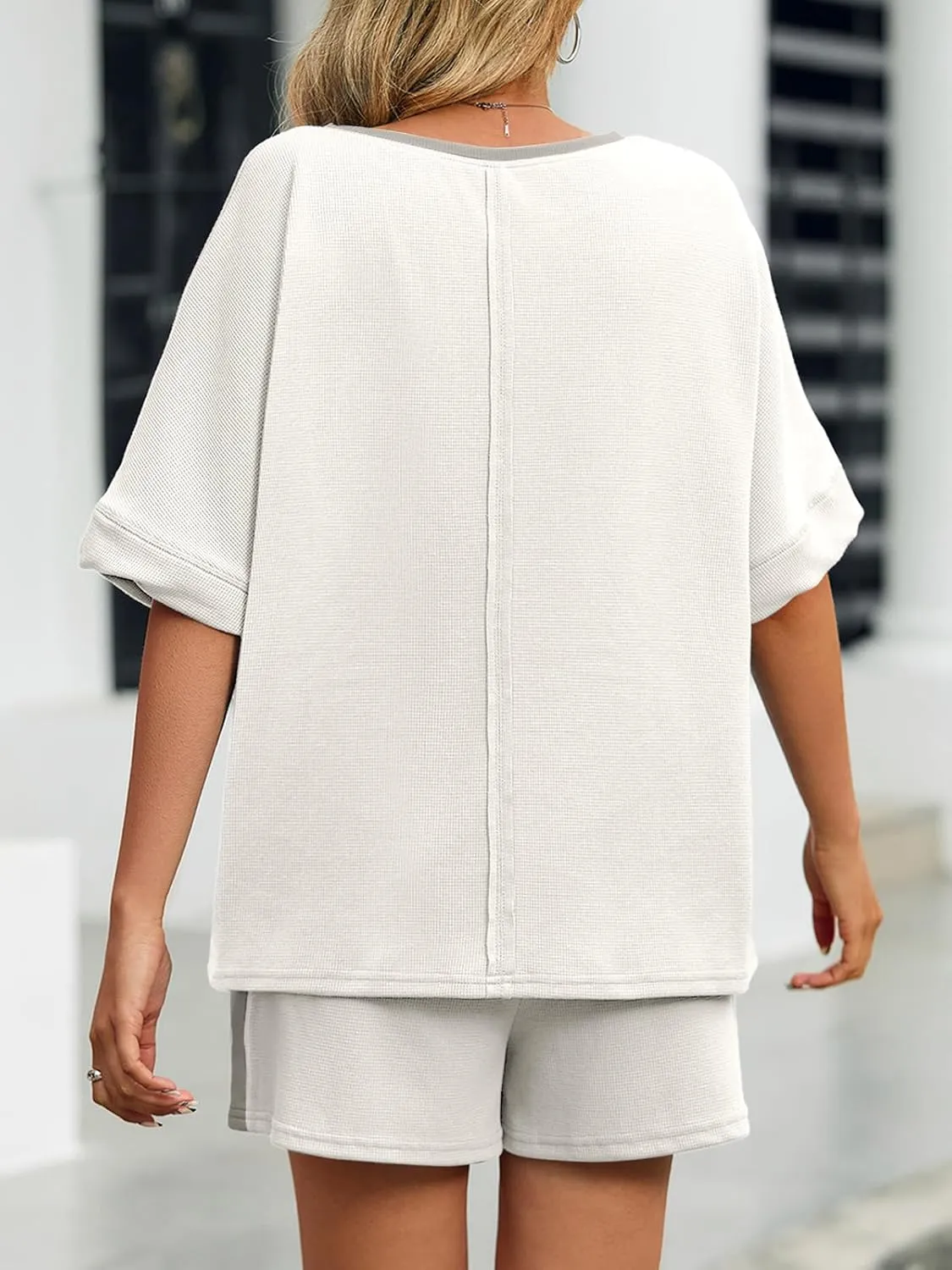 Fisoew Womens Summer Waffle Knit 2 Piece Outfits Oversized T Shirt Casual Shorts Loungwear Short Sets