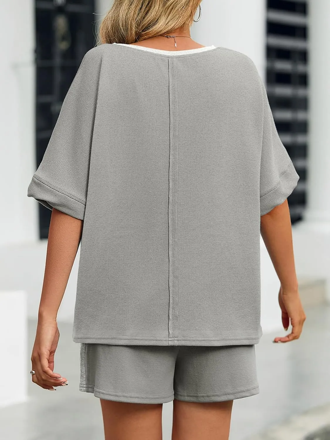 Fisoew Womens Summer Waffle Knit 2 Piece Outfits Oversized T Shirt Casual Shorts Loungwear Short Sets