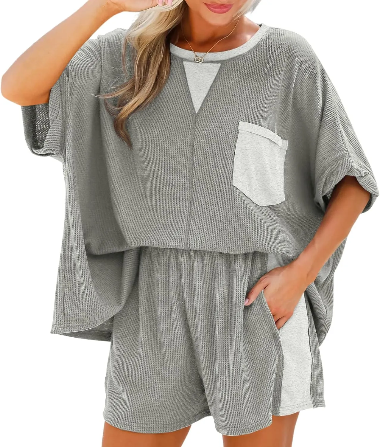 Fisoew Womens Summer Waffle Knit 2 Piece Outfits Oversized T Shirt Casual Shorts Loungwear Short Sets