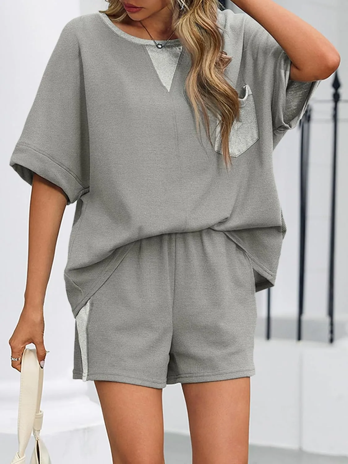 Fisoew Womens Summer Waffle Knit 2 Piece Outfits Oversized T Shirt Casual Shorts Loungwear Short Sets