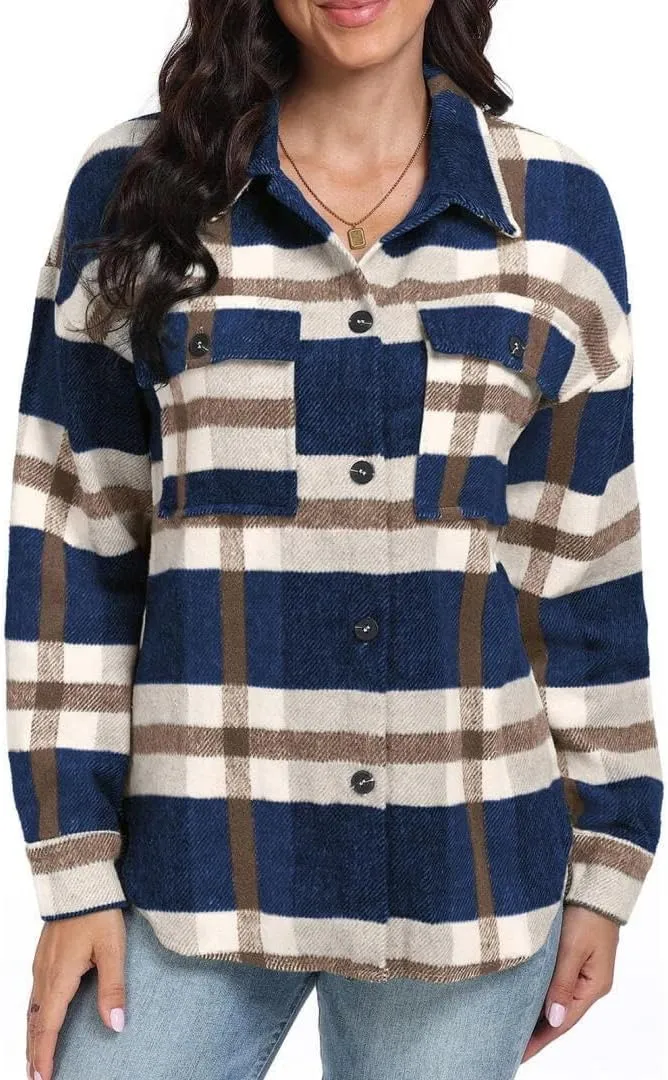 FMCHICO Women's Plaid Shirts Long Sleeve Flannel Lapel Button Down Cardigan Boyfriend Shacket Jacket Coats