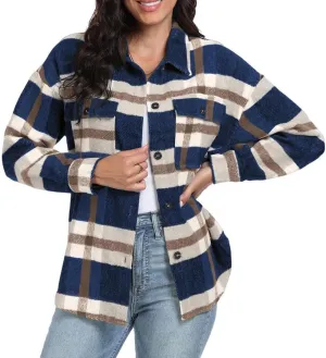 FMCHICO Women's Plaid Shirts Long Sleeve Flannel Lapel Button Down Cardigan Boyfriend Shacket Jacket Coats