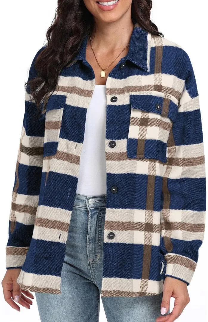 FMCHICO Women's Plaid Shirts Long Sleeve Flannel Lapel Button Down Cardigan Boyfriend Shacket Jacket Coats