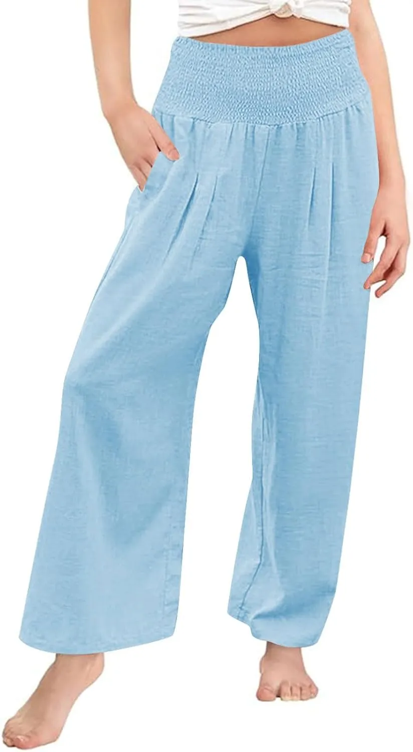 Girls Summer Cotton Linen Wide Leg Pants Drawstring High Waist Palazzo Flowy Beach Trousers with Pockets
