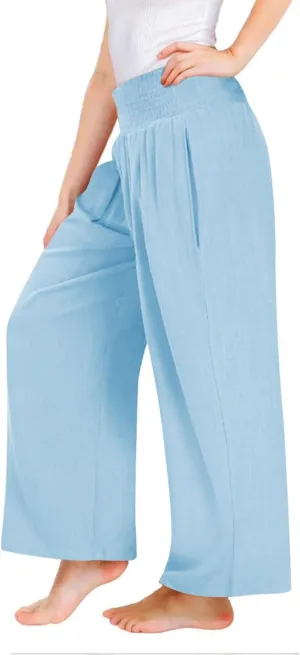 Girls Summer Cotton Linen Wide Leg Pants Drawstring High Waist Palazzo Flowy Beach Trousers with Pockets