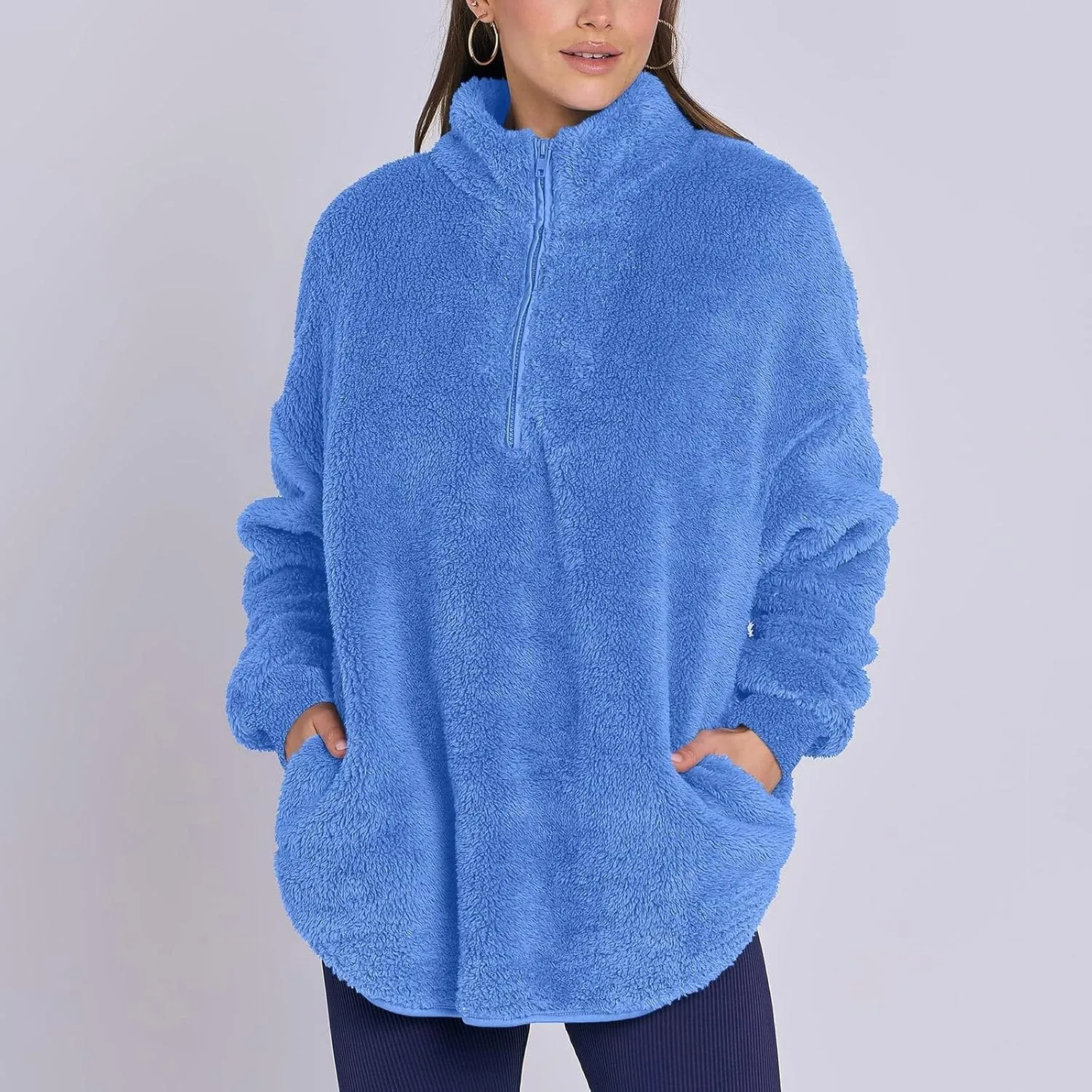 Half Zip Sweatshirt Women Oversized Sherpa Fleece Pullover Fluffy Fuzzy Sweaters Cute Winter Jackets with Pockets