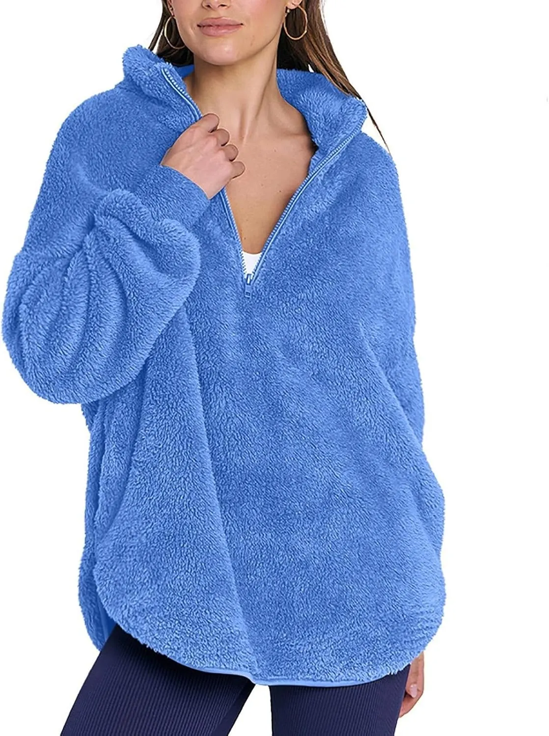 Half Zip Sweatshirt Women Oversized Sherpa Fleece Pullover Fluffy Fuzzy Sweaters Cute Winter Jackets with Pockets