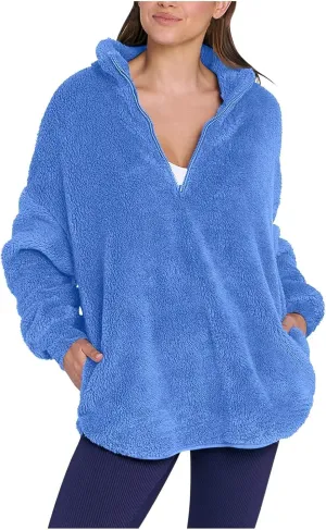 Half Zip Sweatshirt Women Oversized Sherpa Fleece Pullover Fluffy Fuzzy Sweaters Cute Winter Jackets with Pockets