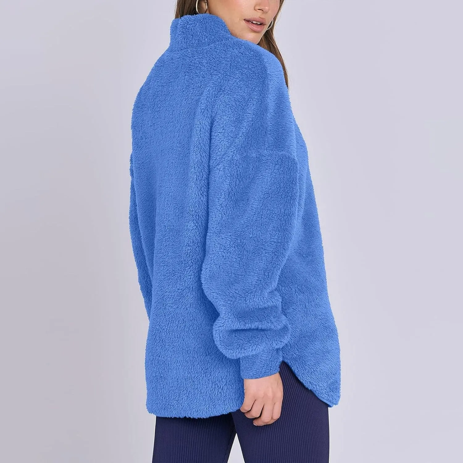 Half Zip Sweatshirt Women Oversized Sherpa Fleece Pullover Fluffy Fuzzy Sweaters Cute Winter Jackets with Pockets