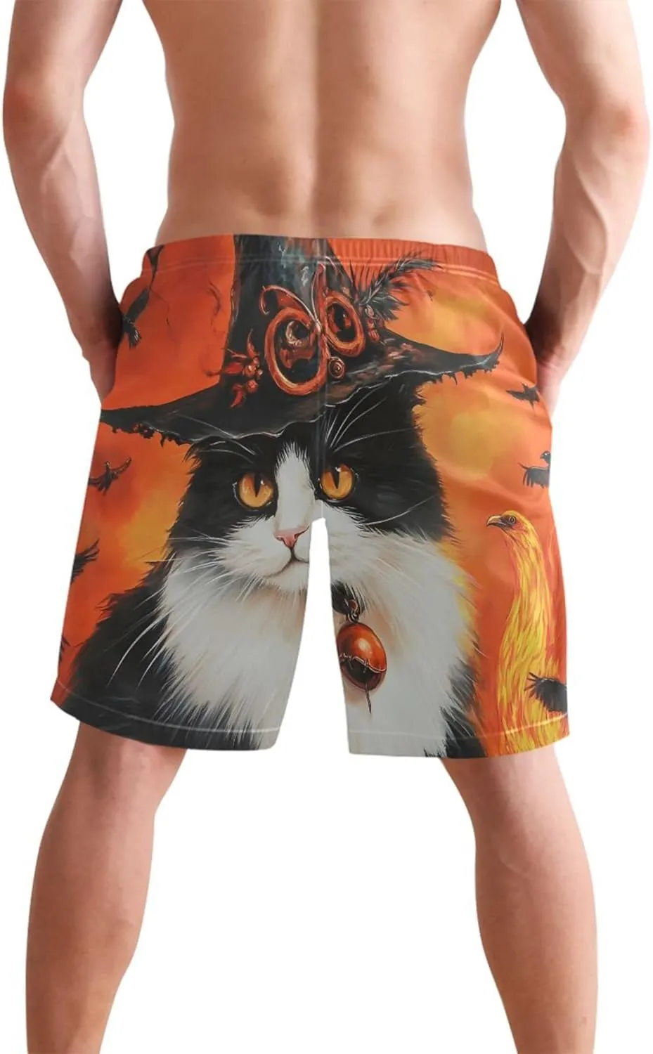 Halloween Witch Cat Magic Mens Swim Trunks Funny Swimwear Bathing Suit Surf Beach Casual Shorts S
