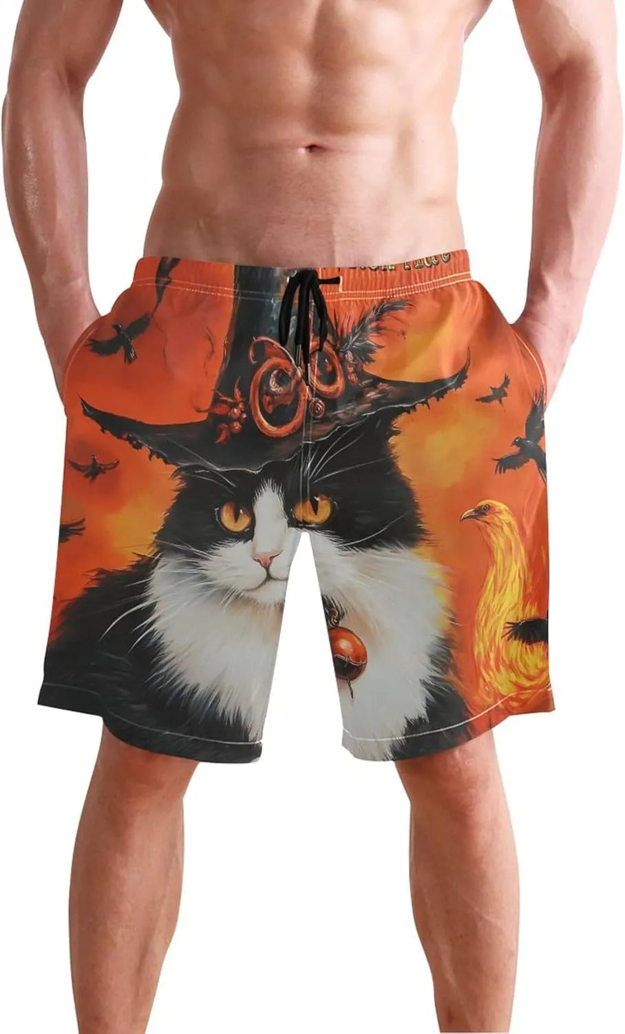 Halloween Witch Cat Magic Mens Swim Trunks Funny Swimwear Bathing Suit Surf Beach Casual Shorts S