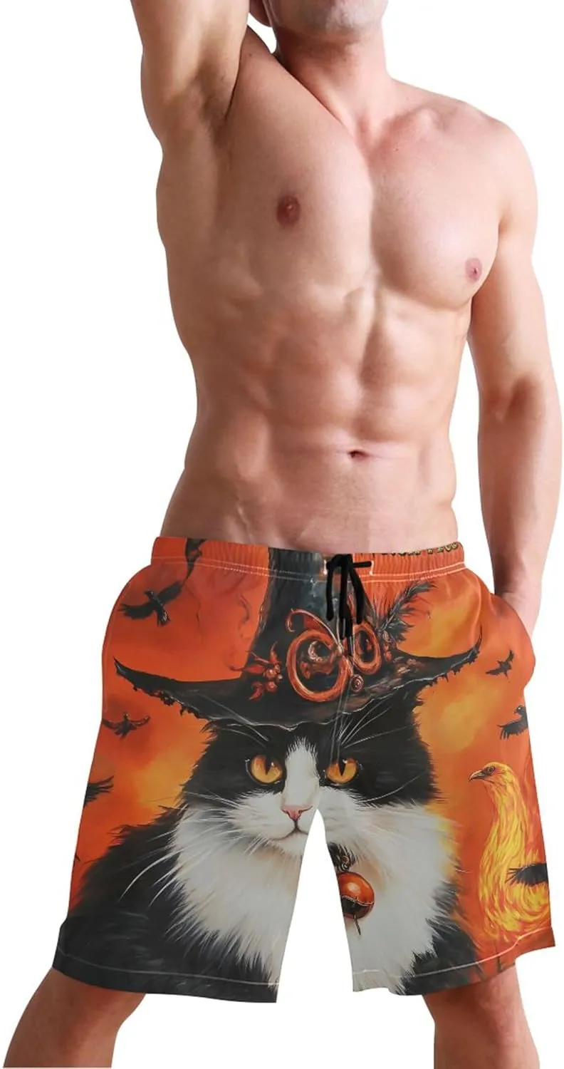 Halloween Witch Cat Magic Mens Swim Trunks Funny Swimwear Bathing Suit Surf Beach Casual Shorts S