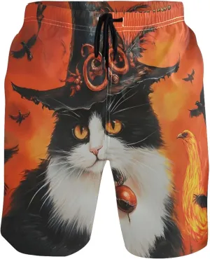Halloween Witch Cat Magic Mens Swim Trunks Funny Swimwear Bathing Suit Surf Beach Casual Shorts S