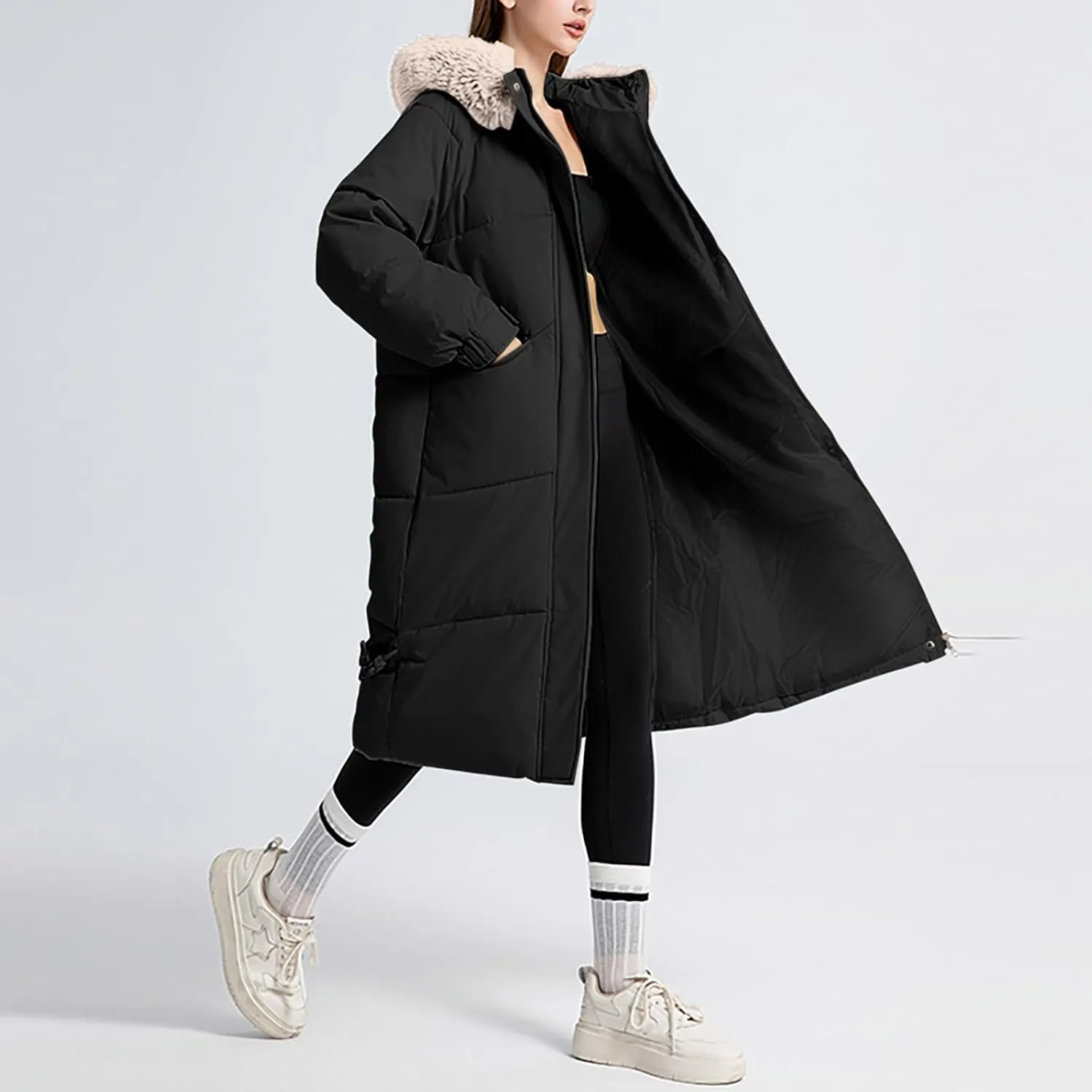 Heavyweight Long Down Jacket for Women Thicken Oversized Outerwear with Faux Fur Hood Winter Fashion Warm Puffer Coat