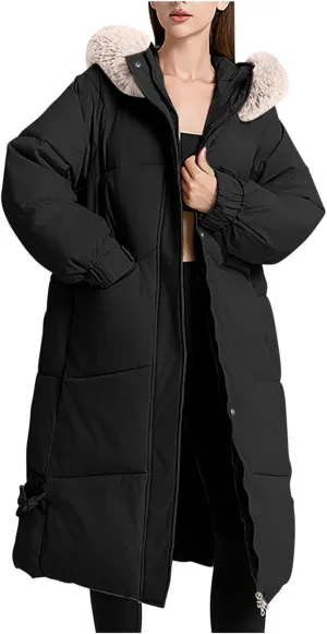 Heavyweight Long Down Jacket for Women Thicken Oversized Outerwear with Faux Fur Hood Winter Fashion Warm Puffer Coat