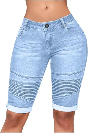 HGps8w 2025 Summer Womens High Waisted Bermuda Jean Shorts Stretchy Butt-Lifting Wrinkle Capris Denim Shorts with Pockets
