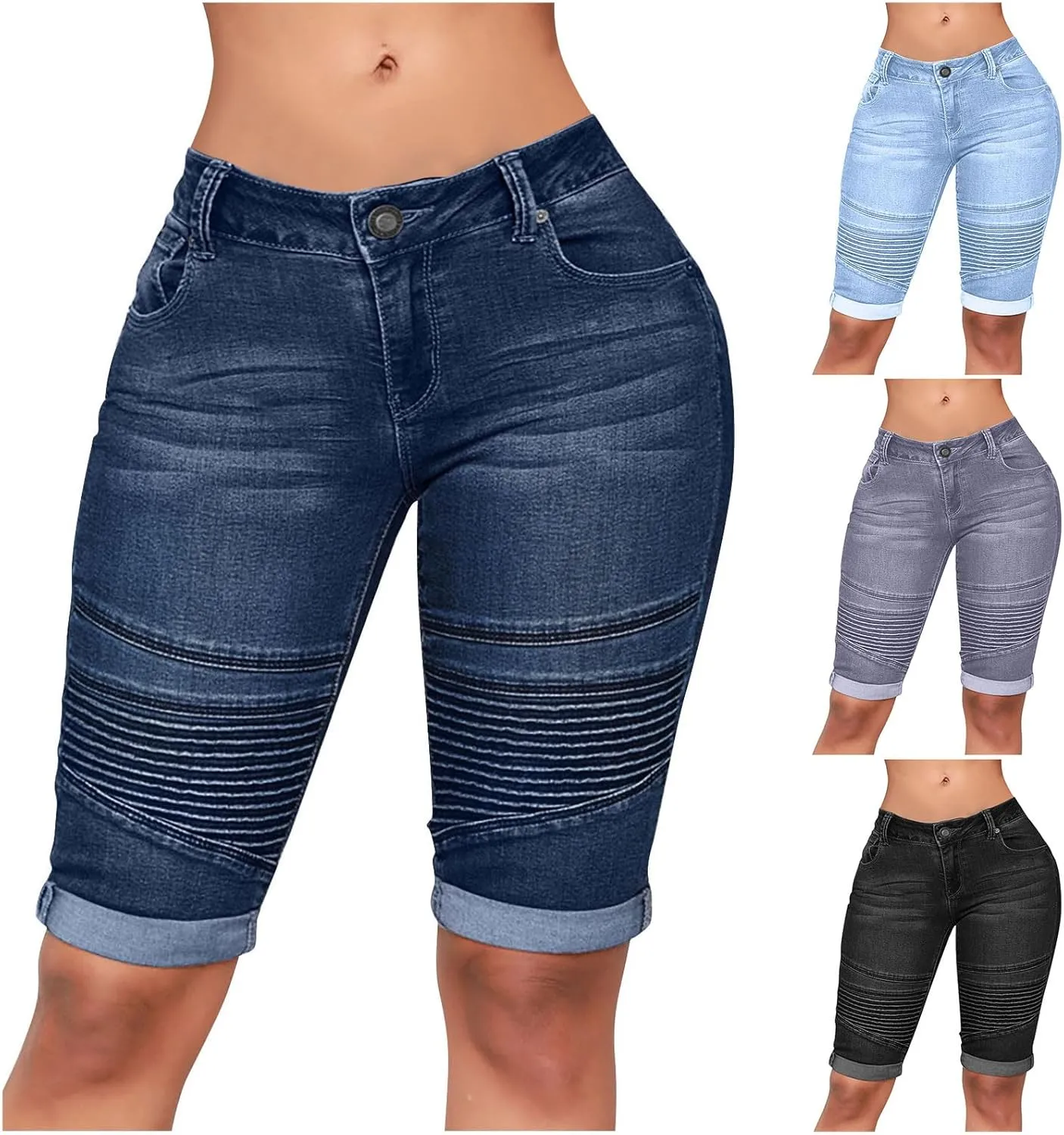 HGps8w 2025 Summer Womens High Waisted Bermuda Jean Shorts Stretchy Butt-Lifting Wrinkle Capris Denim Shorts with Pockets