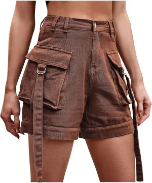HGps8w Cargo Shorts for Women Teen Girls Summer Casual High Waisted Denim Shorts with Pockets Vintage Streetwear