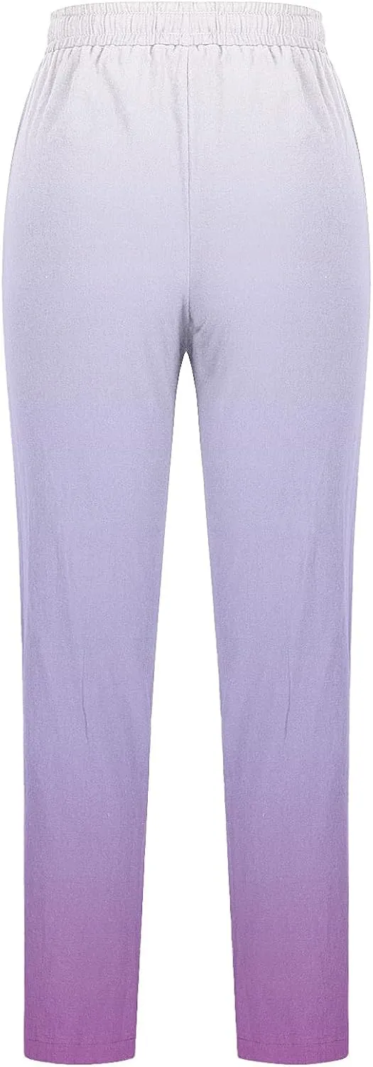 HGps8w Women's Casual Gradient Linen Pants Drawstring Waist 2025 Summer Straight Leg Travel Beach Trousers with Pockets