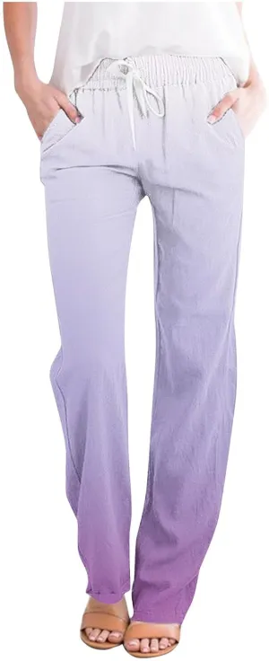 HGps8w Women's Casual Gradient Linen Pants Drawstring Waist 2025 Summer Straight Leg Travel Beach Trousers with Pockets