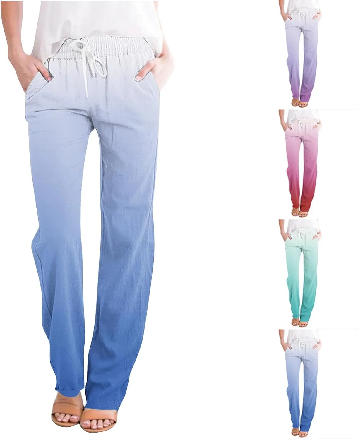 HGps8w Women's Casual Gradient Linen Pants Drawstring Waist 2025 Summer Straight Leg Travel Beach Trousers with Pockets