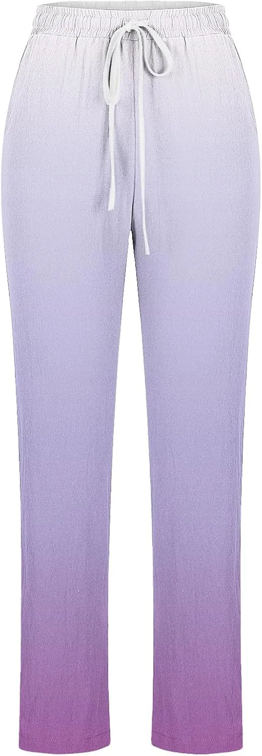 HGps8w Women's Casual Gradient Linen Pants Drawstring Waist 2025 Summer Straight Leg Travel Beach Trousers with Pockets