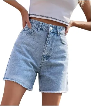 HGps8w Womens High Waisted Jean Shorts Chic Frayed Raw Hem Wide Leg Summer Casual Loose Fit Denim Shorts with Pockets