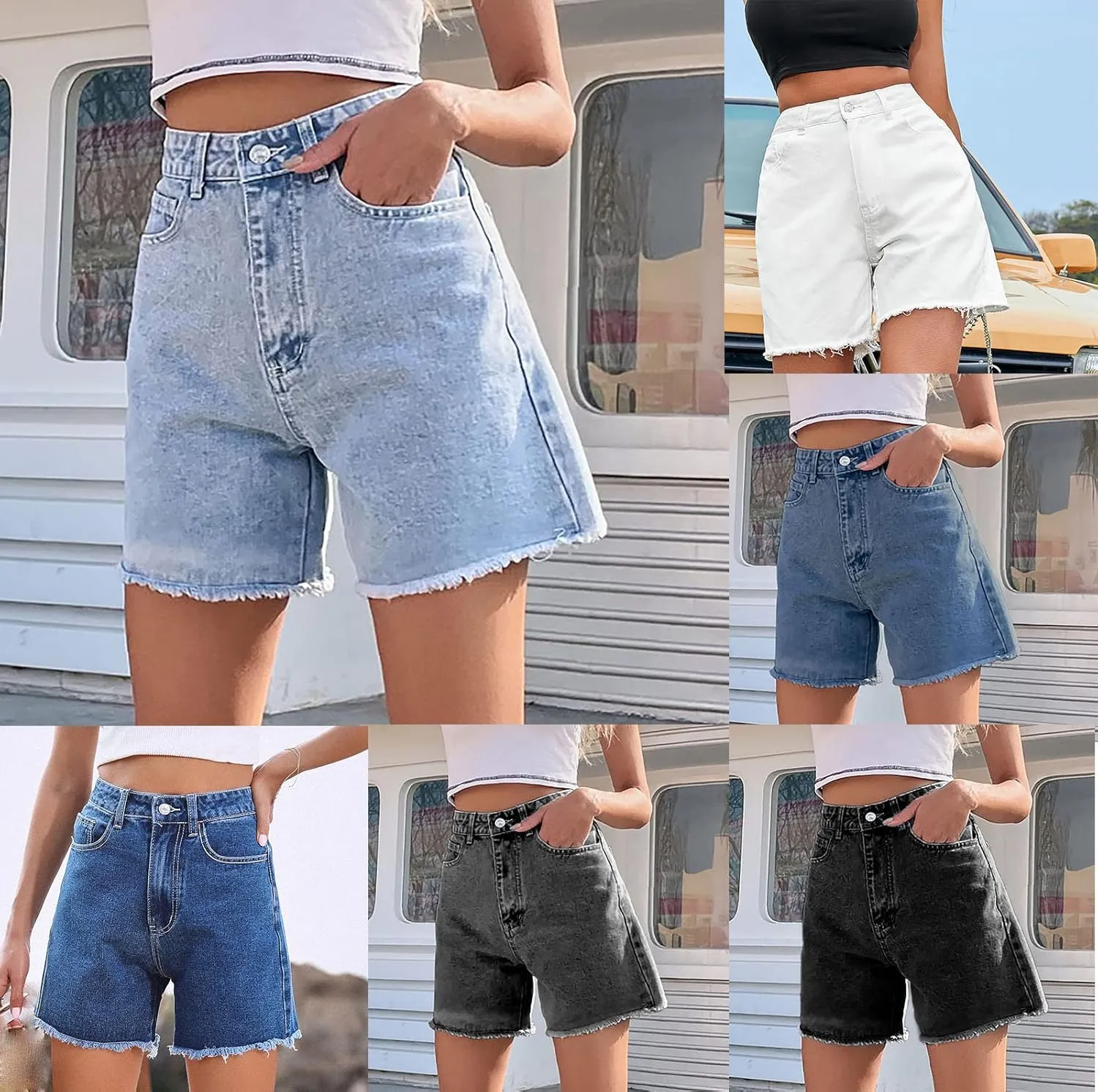 HGps8w Womens High Waisted Jean Shorts Chic Frayed Raw Hem Wide Leg Summer Casual Loose Fit Denim Shorts with Pockets