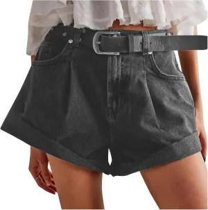 HGps8w Women's Wide Leg Rolled Hem Jean Shorts Trendy Casual 2025 Summer High Waisted Loose Denim Shorts with Pockets