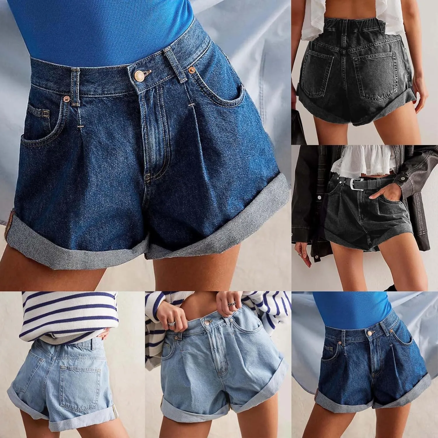 HGps8w Women's Wide Leg Rolled Hem Jean Shorts Trendy Casual 2025 Summer High Waisted Loose Denim Shorts with Pockets