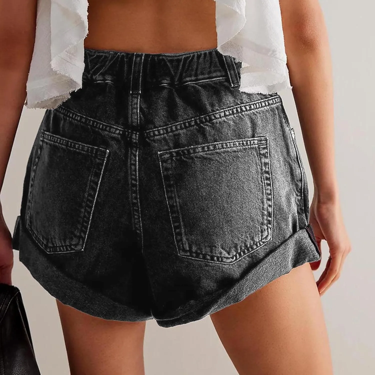 HGps8w Women's Wide Leg Rolled Hem Jean Shorts Trendy Casual 2025 Summer High Waisted Loose Denim Shorts with Pockets