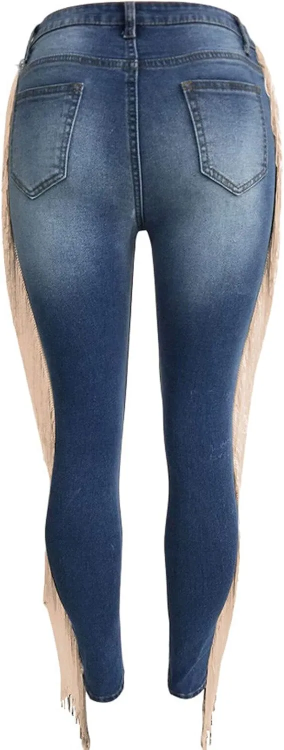 High Waisted-Rise Colored Stretch Skinny Destroyed Ripped Distressed Jeans for Women Skinny Legs Stretch Denim Pants