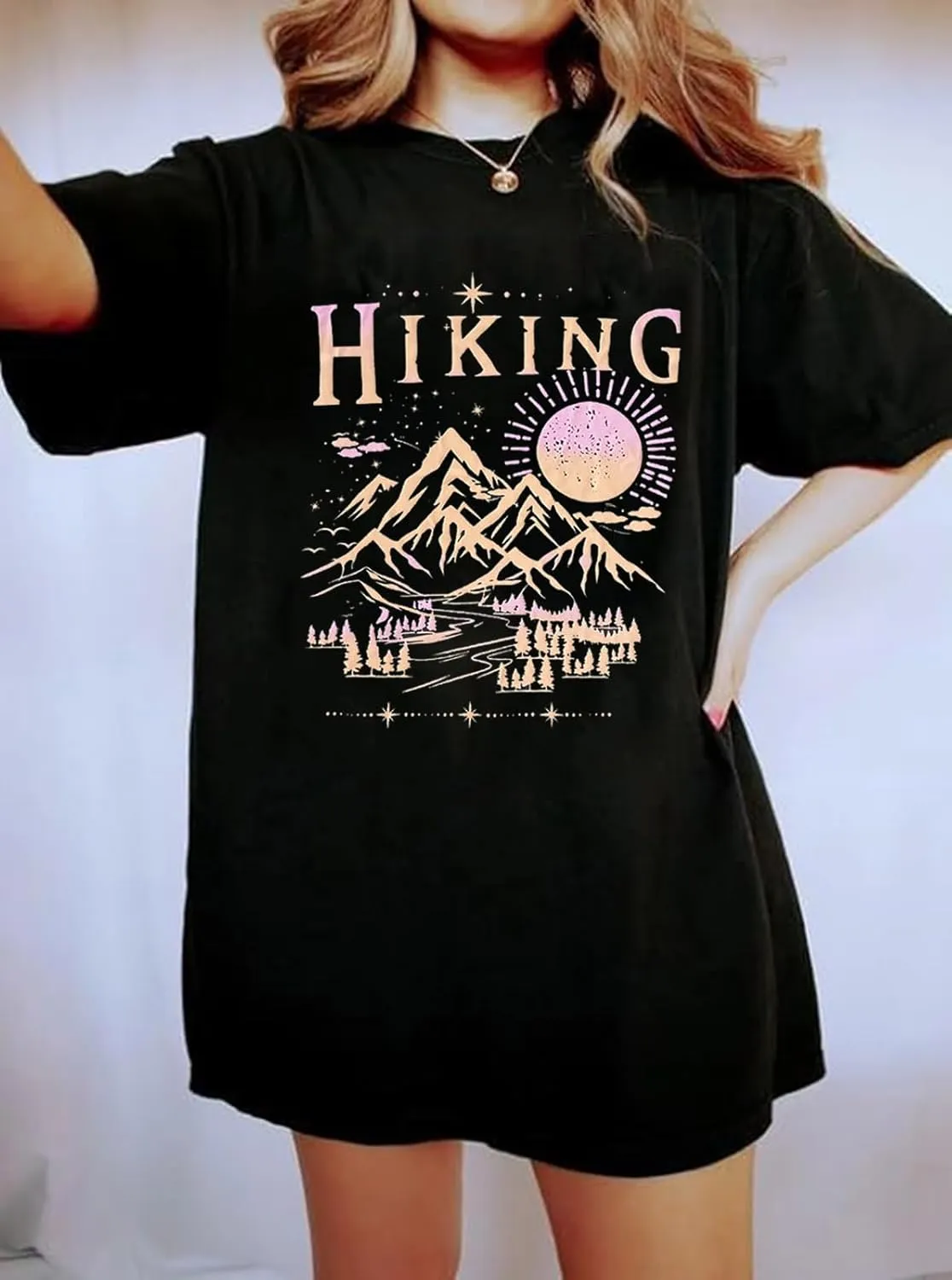 Hiking Camping Oversized T-Shirt Women Funny Sun and Mountain Graphic Shirt Adventure Wild Outdoor Short Sleeve Tops