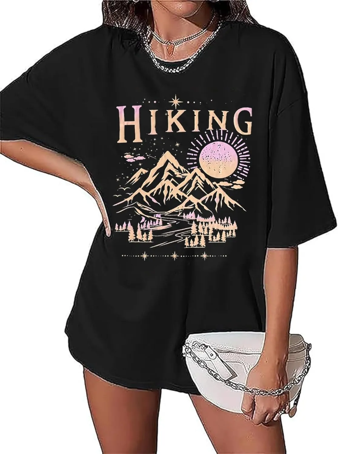 Hiking Camping Oversized T-Shirt Women Funny Sun and Mountain Graphic Shirt Adventure Wild Outdoor Short Sleeve Tops