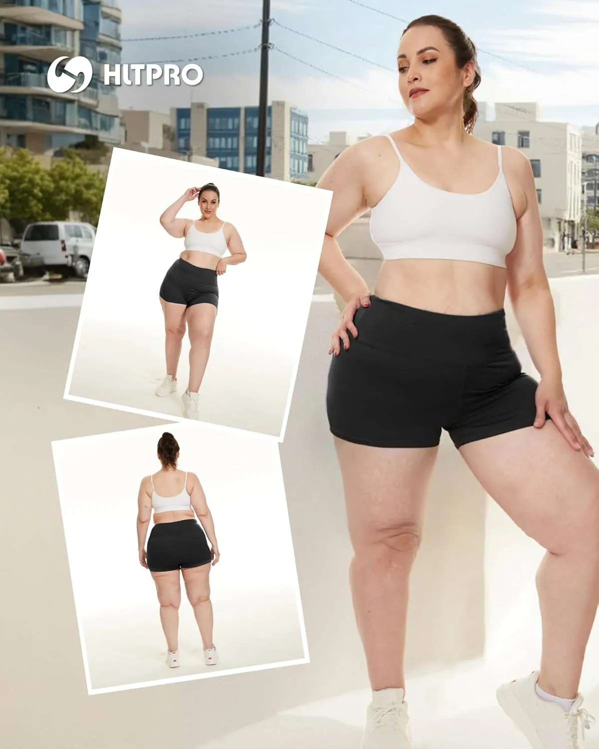 HLTPRO 3 Pack Plus Size Biker Shorts with Pockets for Women (S-4XL)- 8"/5"/3" High Waist Tummy Control Shorts for Yoga