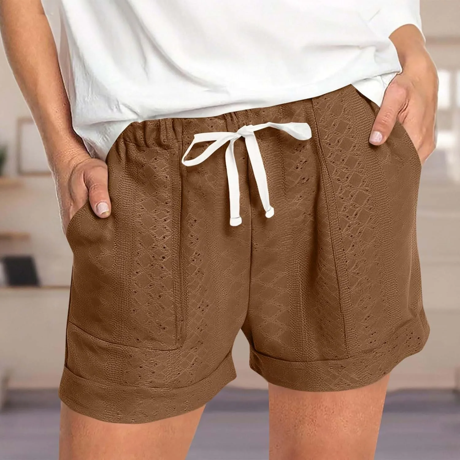hlysgo Women's Eyelet Shorts Wide Leg High Waisted Drawstring Going Out Short 2025 Trendy Summer Casual Shorts with Pockets