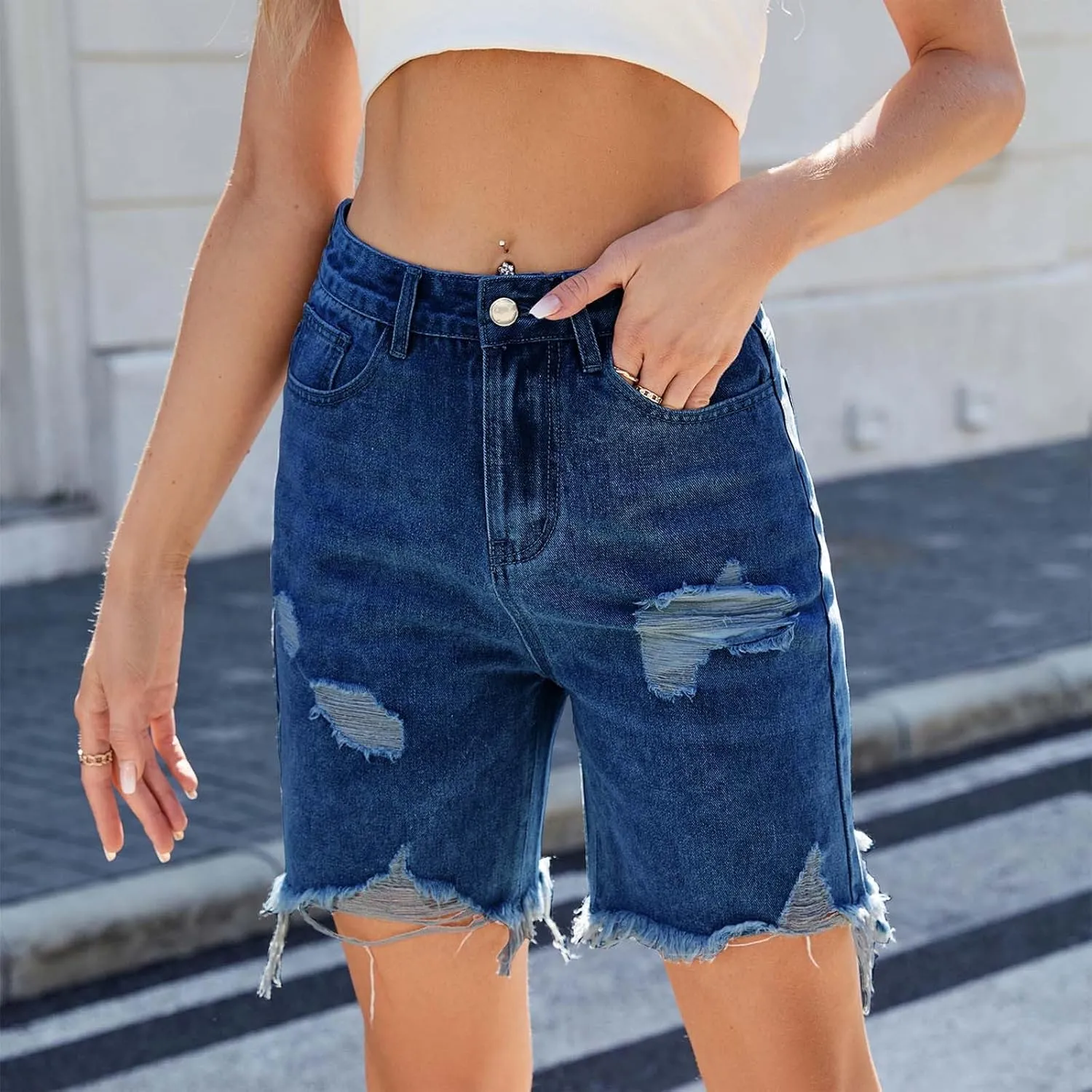 hlysgo Womens Jean Shorts Casual Summer Ripped High Waisted Denim Shorts Stretch Distressed Frayed Raw Hem Short Jeans