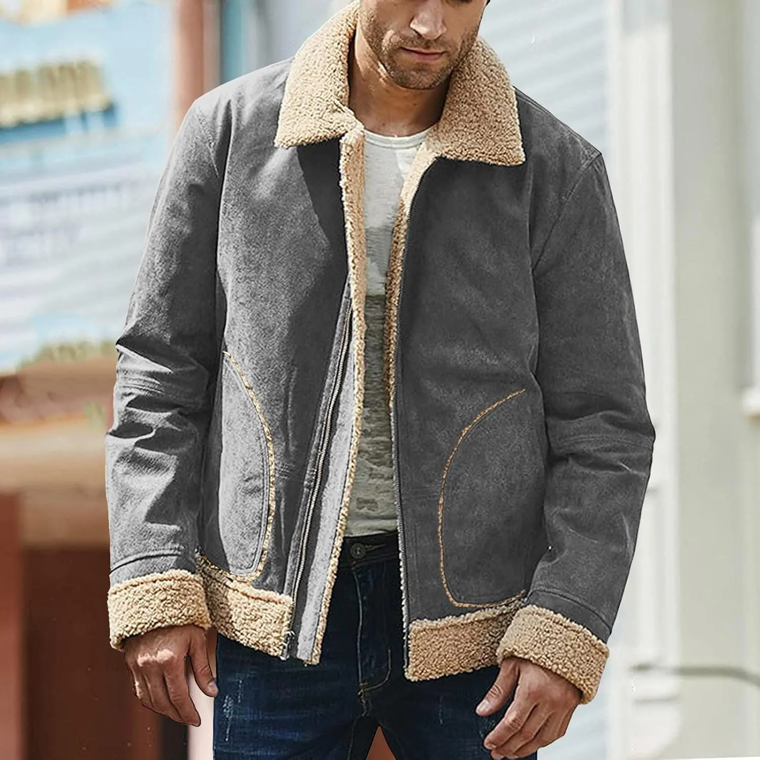 Jackets for Men Vintage Lightweight Suede Bomber Jackets Thicked Sherpa Fleece Lined Retro Varsity Coat Outwear Top