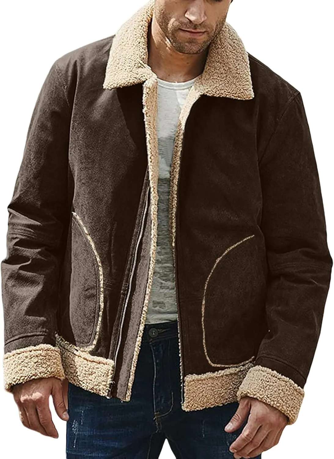 Jackets for Men Vintage Lightweight Suede Bomber Jackets Thicked Sherpa Fleece Lined Retro Varsity Coat Outwear Top